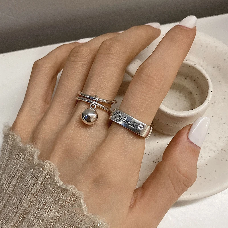 FOXANRY Silver Color Smile Face Rings for Women New Fashion Simple Ball Pendant Geometric Ring Set Party Jewelry Gifts