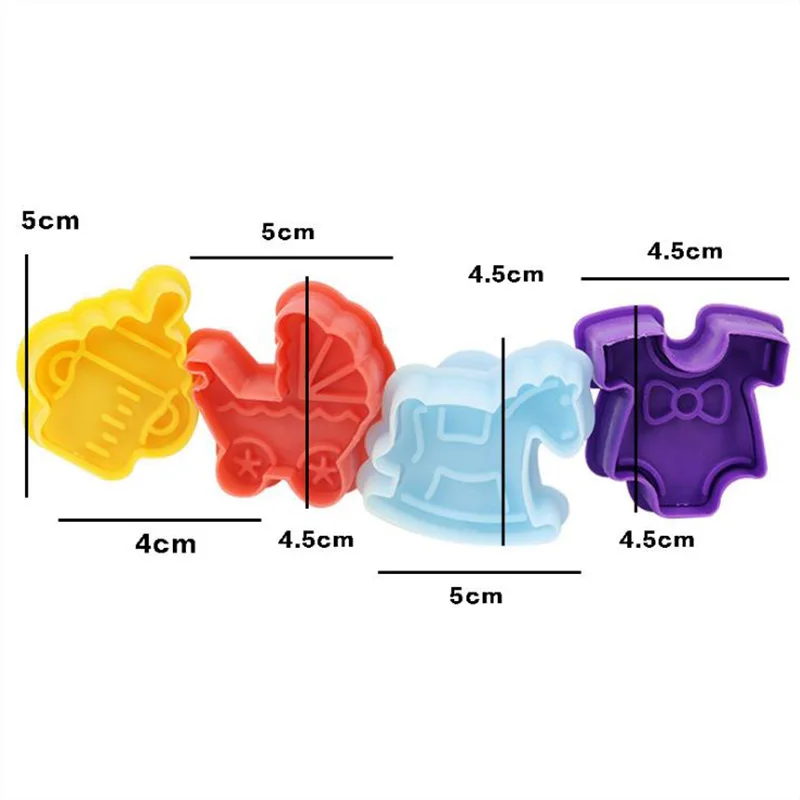 4Pcs Baby Stroller Trojan Bottle Cookies Mold Cutter Biscuit Stamp Gift Toast Mold Baby Shower Fondant Cake Decorating Tools