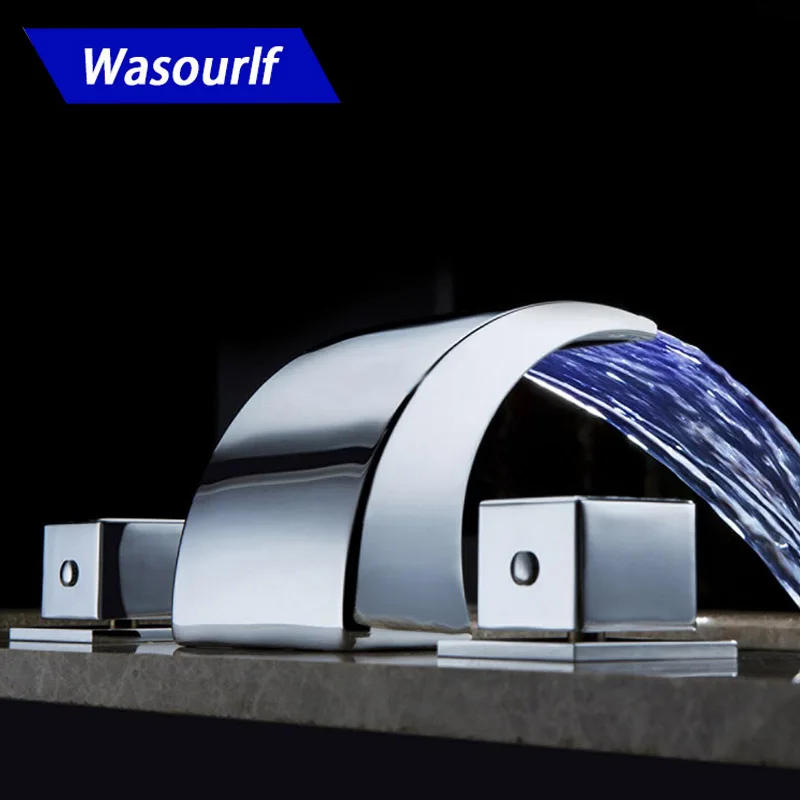 WASOURLF LED Bathroom Brass Water Faucet Basin Two Handle Mixer Hot and Cold Tap Modern Design High Quality for Hotel