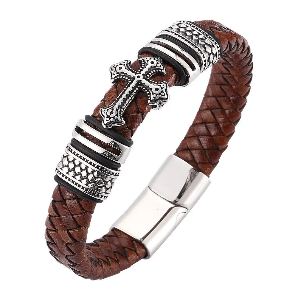 Yage – Bracelets en cuir tressé pour hommes, largeur de 12mm, breloques croisées en acier inoxydable 316L, Bracelets à la mode, bijoux masculins