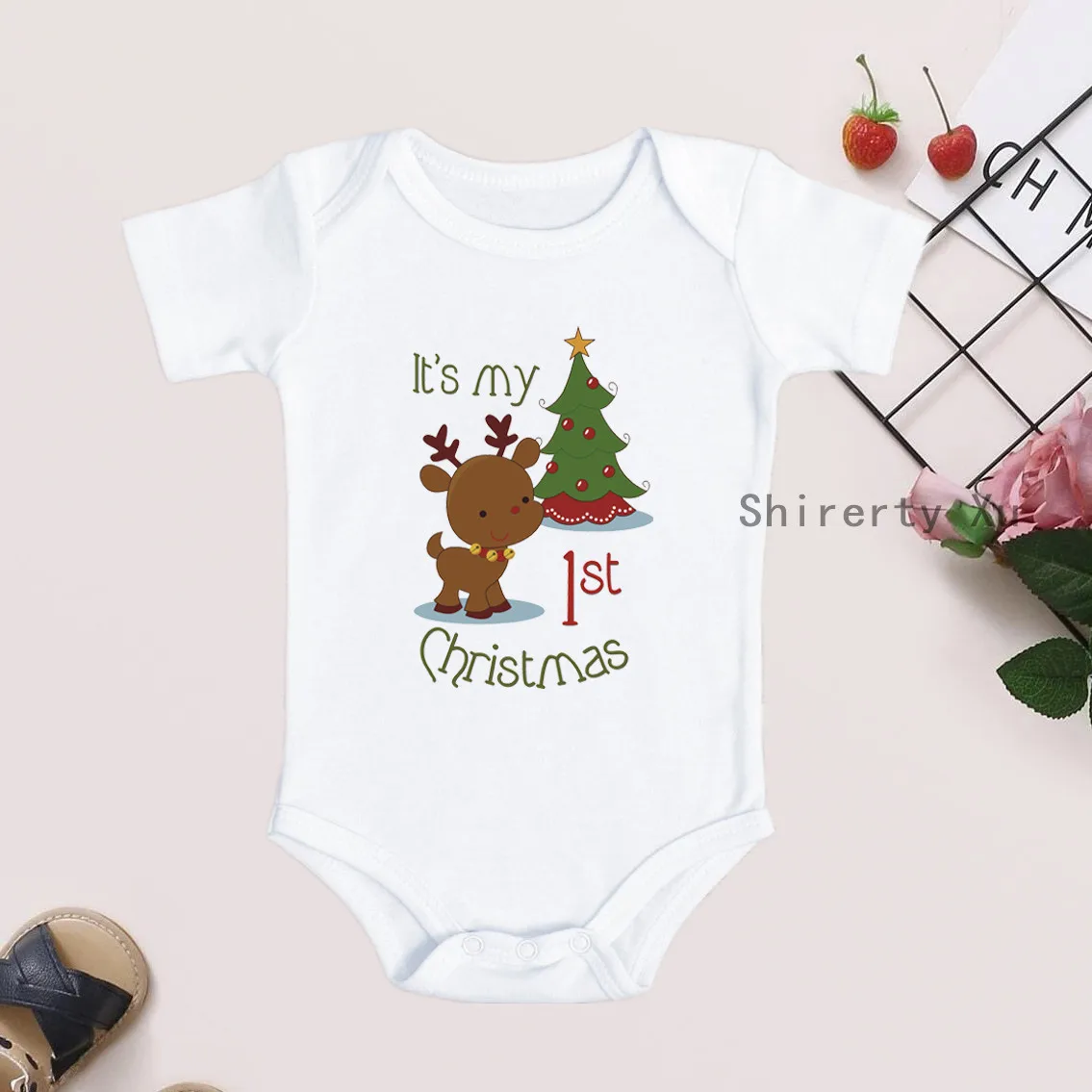 

Funny It's My 1st Christmas Print Baby Bodysuits Cotton Short Sleeve Infant New Year's Rompers Body Baby Christmas Ropa Clothes