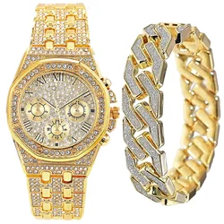 Watch with Bracelet for Men Cuban Chain Men Bracelet Iced Out Watch for Men Luxury Diamond Gold Men Watch Set Religio Masculino