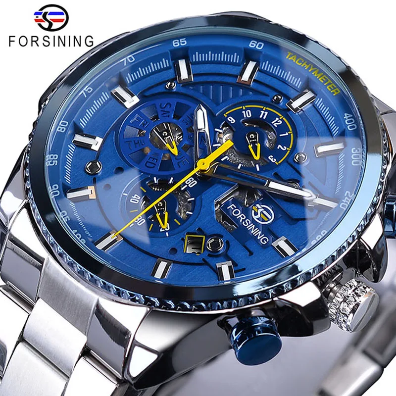 Forsining Top Brand Luxury Rose Golden Case Bluesteel 3 Dial Multifunction Mens Business Sport Automatic Mechanical Wrist Watch