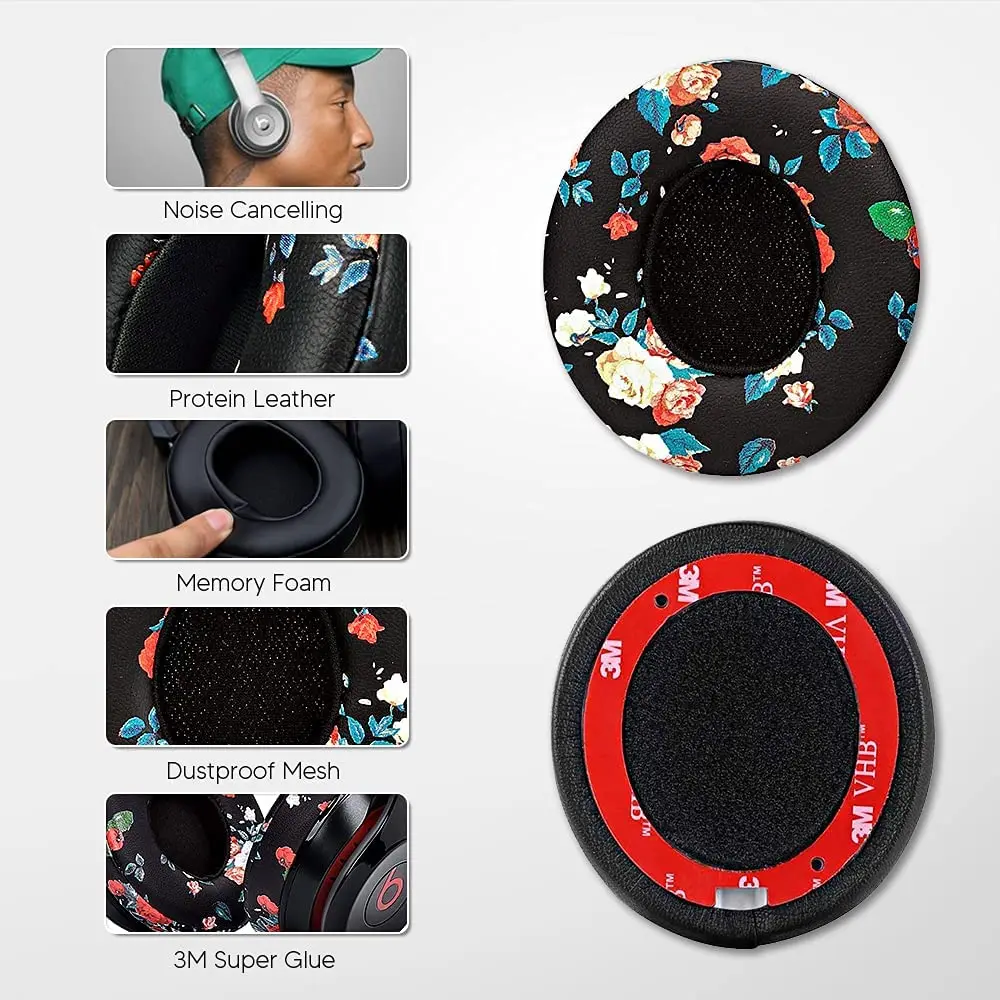 Запасные детали, амбушюры для ушей, совместимые с Solo 2,0 3.0, беспроводные амбушюры для наушников, 1 пара (черные цветочные)