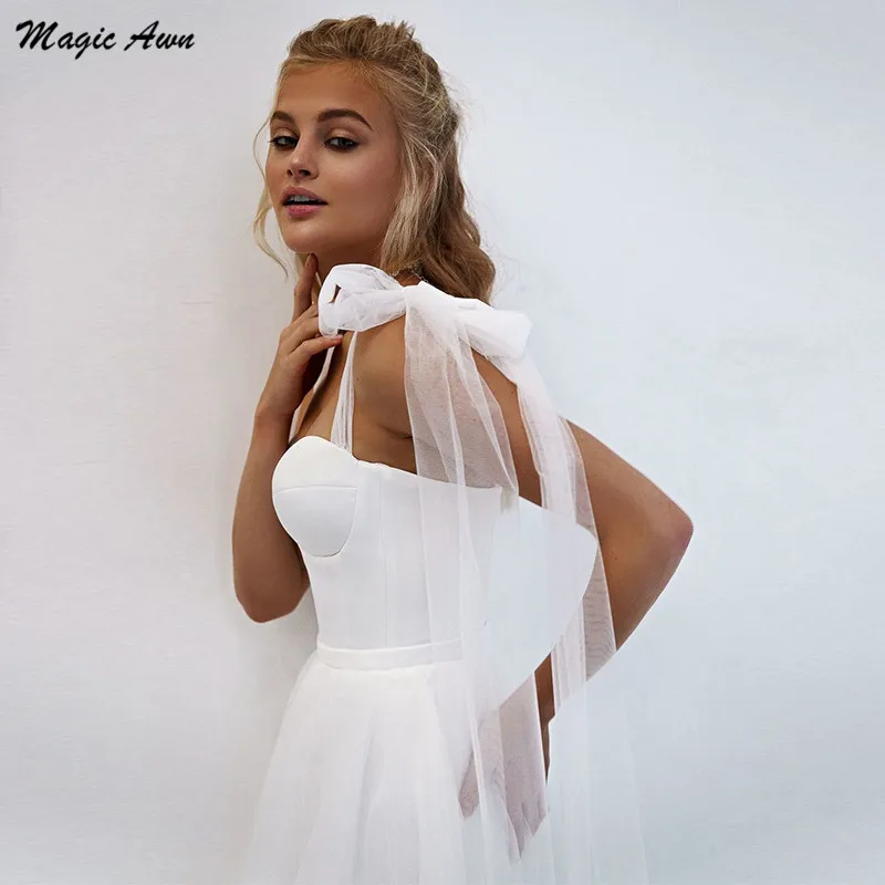 Magic Awn Simple White Tulle Wedding Dresses Boho Bow Spaghetti Straps A-Line Beach Wedding Party Gowns Abito Da Sposa 2024