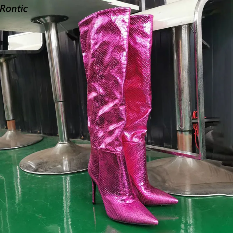 

Rontic Handmade Women Winter Knee Boots Snake Pattern Stiletto Heels Pointed Toe Fabulous Fuchsia Party Shoes US Size 5-15