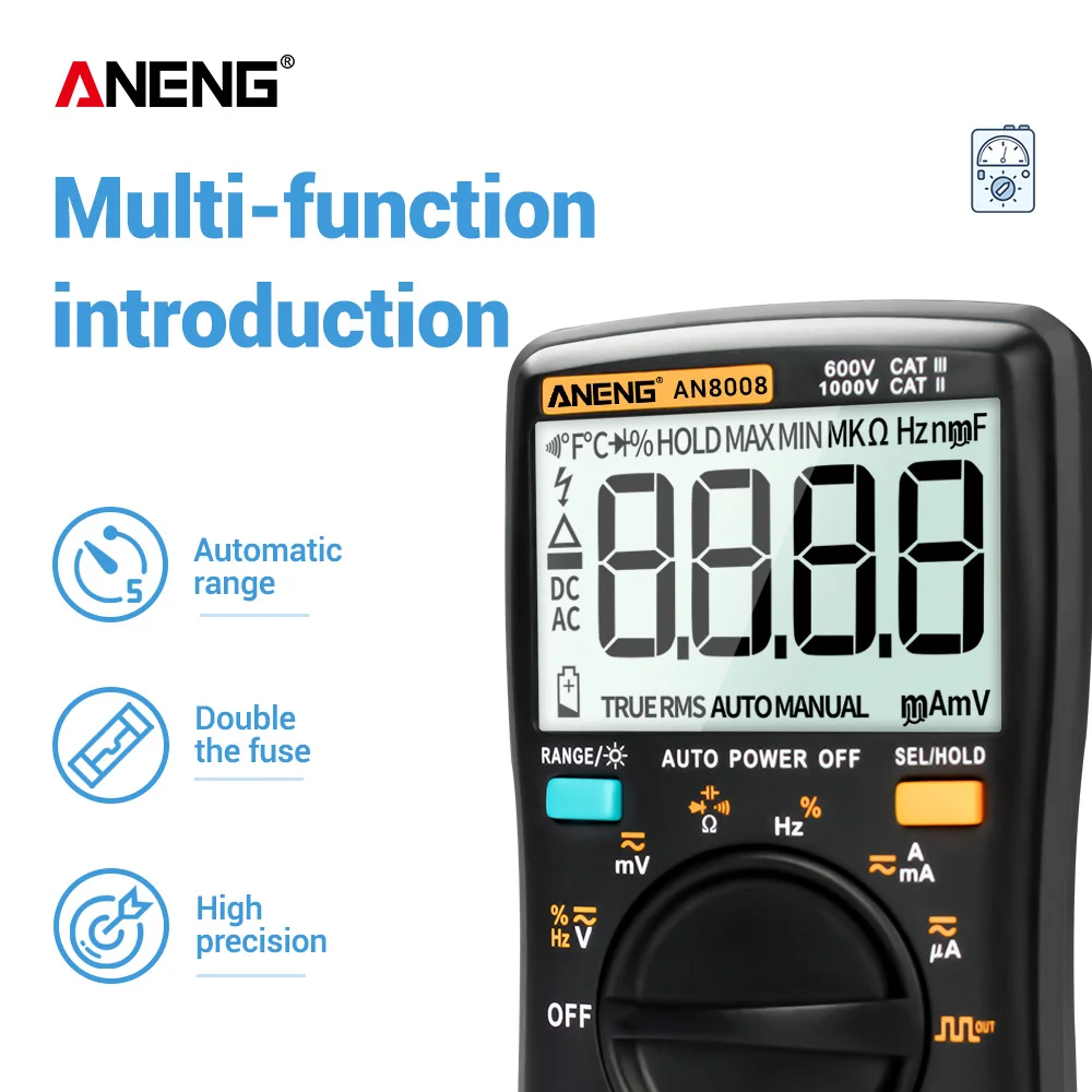 Digital Multimeter AN8008 9999 Counts Transistor True RMS Tester Auto Electrical Testers Voltage capacitor Power Meters Test
