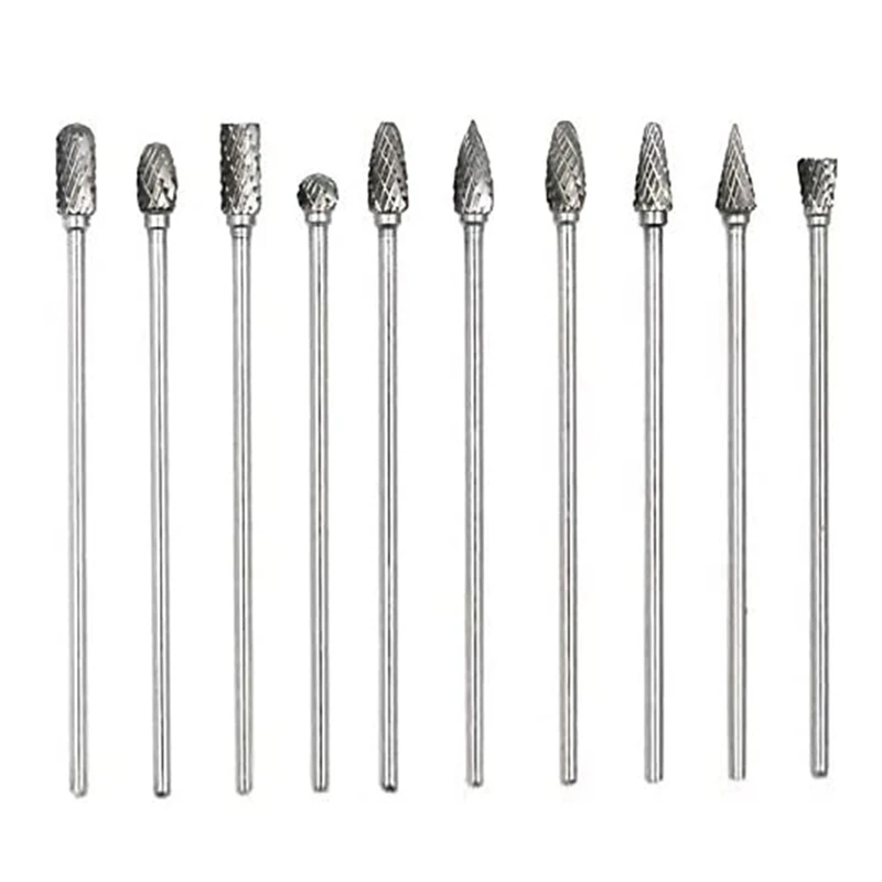 Hot 10Pc 4 Inch Long Double Cut Tungsten Solid Carbide Rotary Burrs Set 1/8 Inch(3mm) Shank Twist Drill Bit for Rotary Tools