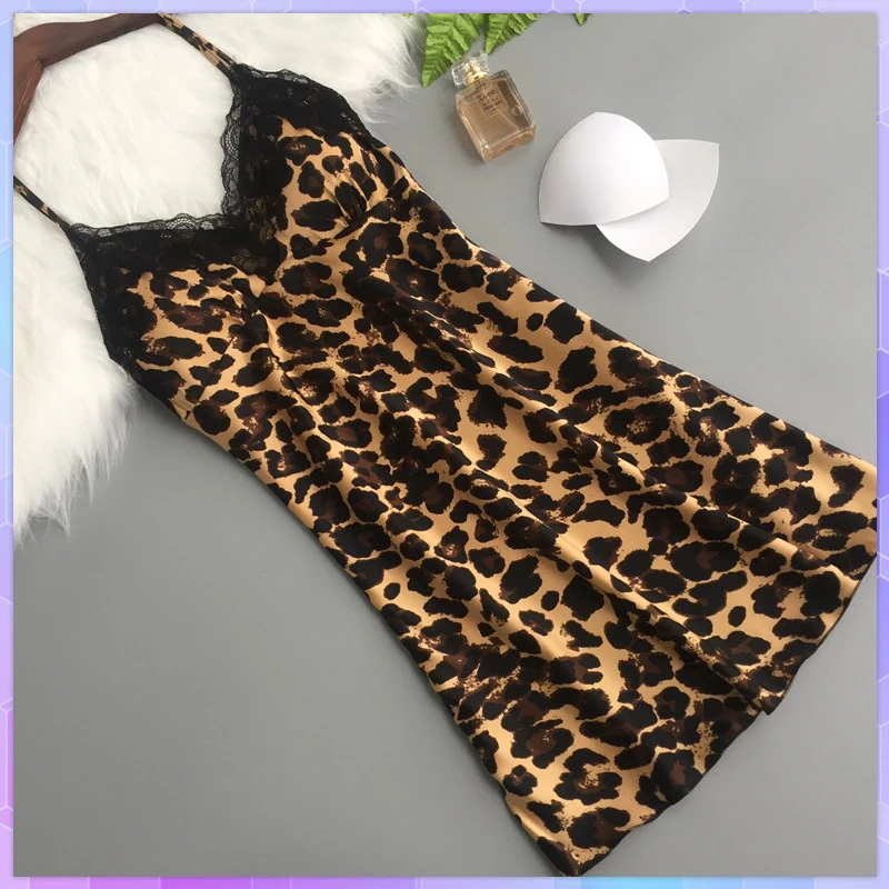 Mulheres sexy roupa interior renda leopardo nightdress bodycon vestido de seda gelo pijamas sexy lingerie camisola homewear padrão animal