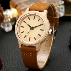 Natural Maple Wood Lady Quartz Genuine Leather Wristwatch Black Analog Dial Female Wooden Timepiece Casual Women's Watches