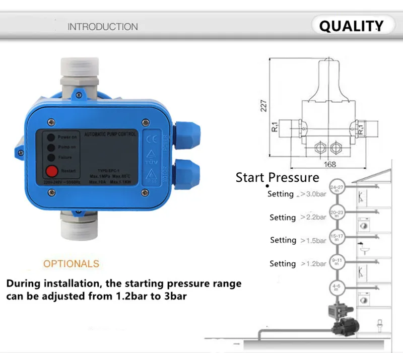 Interruptor de presión de bomba de agua, interruptor electrónico controlado automáticamente, protección contra falta de agua ajustable, IP65, 10A,