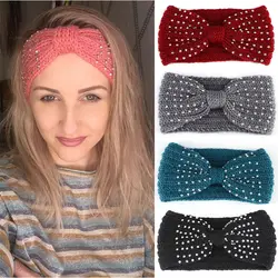 2024 Winter Warmer Ear Knitted Headband Turban For Lady Women Crochet Bowknot Rhinestone Hairband Headwrap Hair Accessories