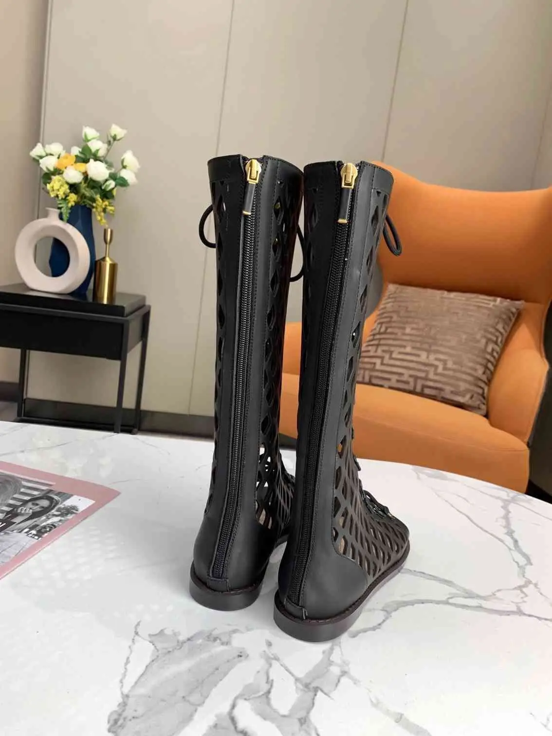 Chaussures femme black summer leather sexy boots hollow rome Knee high booties peep toe lace up sandals luxury brand flats