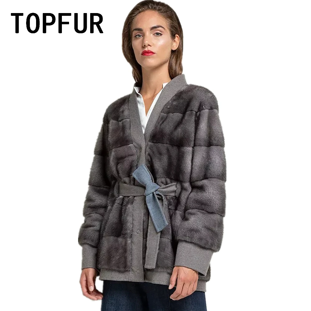 Natural Mink Fur Jacket Women Spring New V-neck Belt Tops Genuine Fashion Luxury Real Fur Coat Female Casual Outertwear