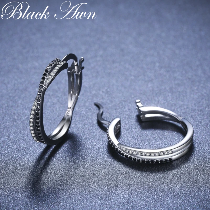 Black Awn Classic Silver Color Round Black Trendy Spinel Engagement Hoop Earrings for Women Jewelry Bijoux I209