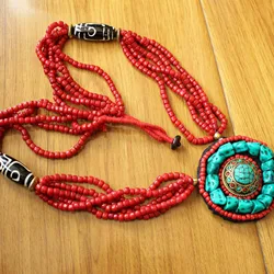 NK238 Ethnic Tibetan  Turquoises Dzi Bead 65mm Big Round Pendant Necklace Tribal Long Necklace