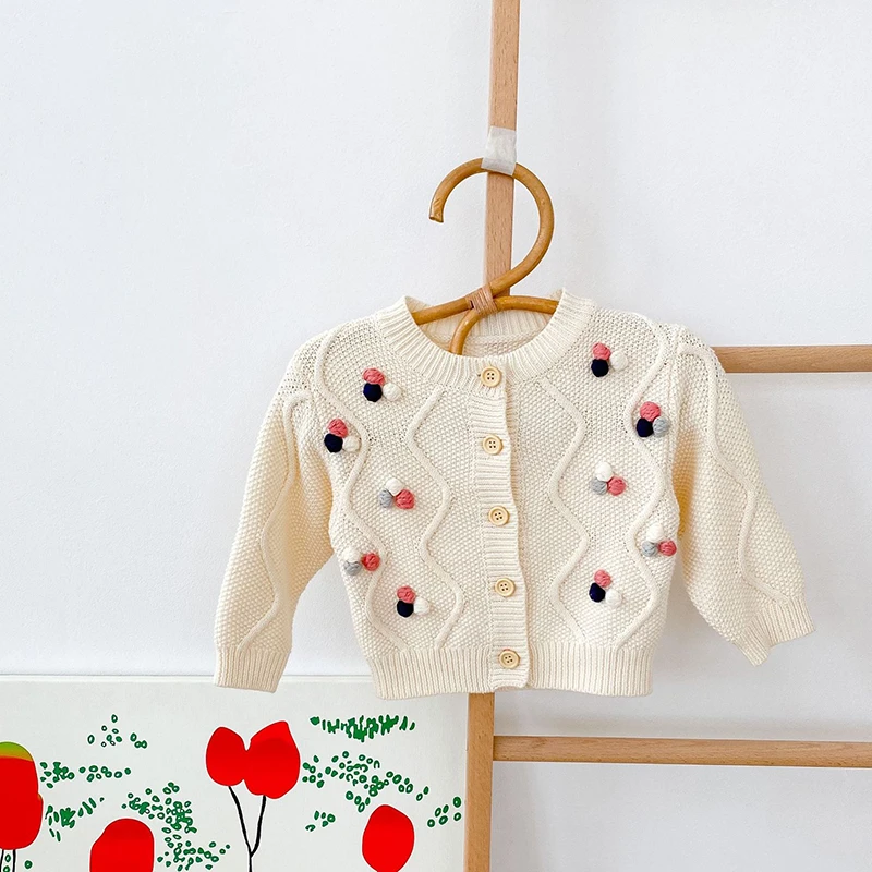 Engepapa Infant Baby Knitted Coat Handmade Ball Knitted Coat Cotton Long Sleeve Cardigan Spring Winter Newborn Baby Girl Sweater