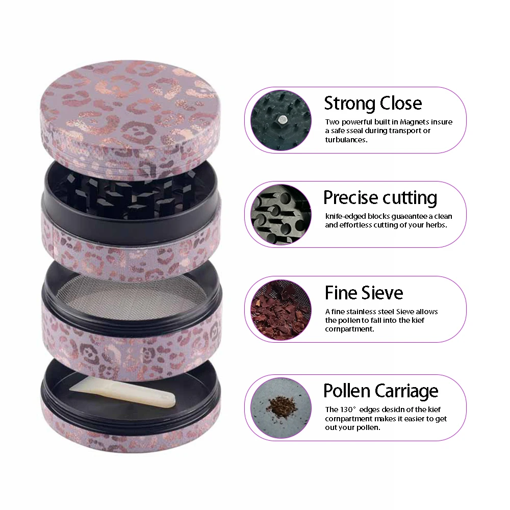 Pink Leopard Herb Tobacco Grinder Metal Spice Crusher Zinc Alloy Portable Miller Smoking Accessories Women Girls Gifts