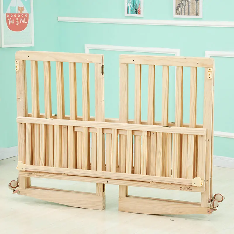 Folding Twins Crib Splicing With Large Bed, Solid Pine Wood Newborn Baby Cot, Can Change To Rocking Cradle, Mosquito Net Include