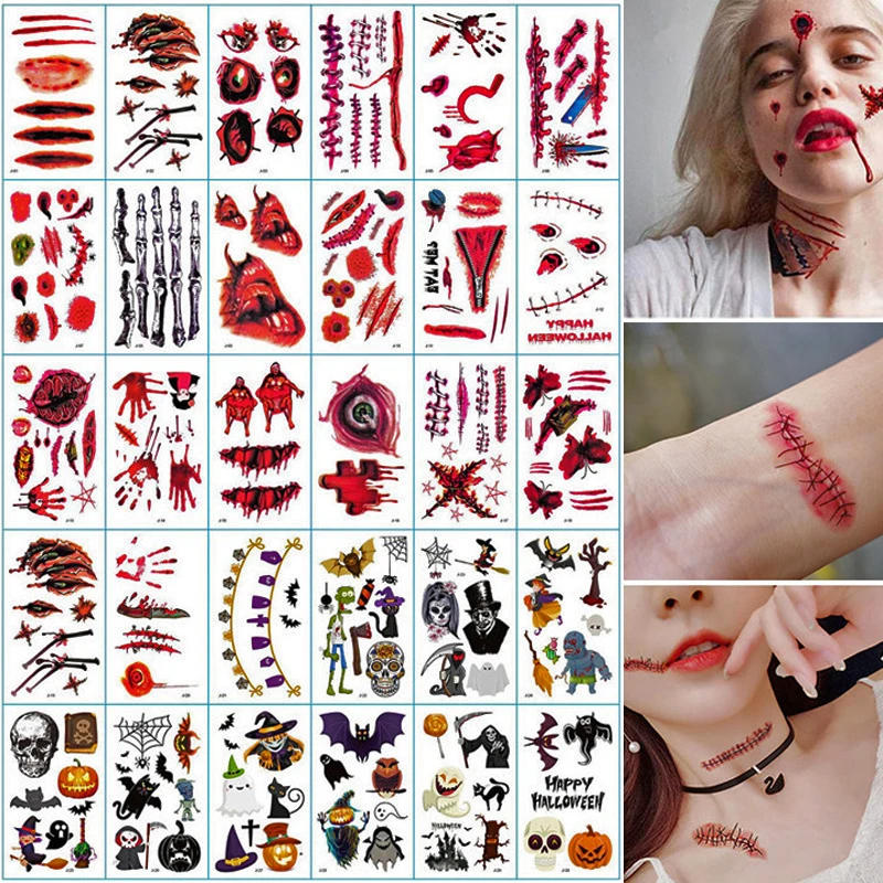 30Pcs/Set Halloween Tattoo Stickers Simulation Horror Bleeding Suture Scars Stickers DIY Halloween Decoration Party Supplies-S