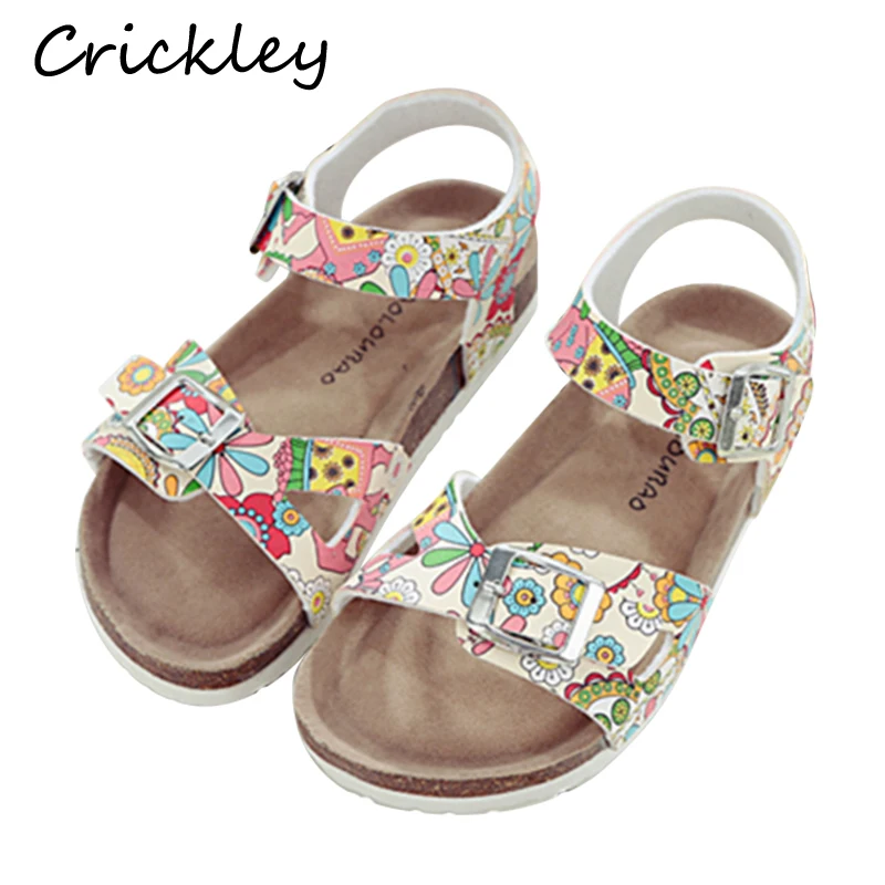 Summer Kids Girls Gladiator Sandals PU Leather Printing Strip Beach Shoes for Children Girls Soft Comfortable Cork Roman Sandals