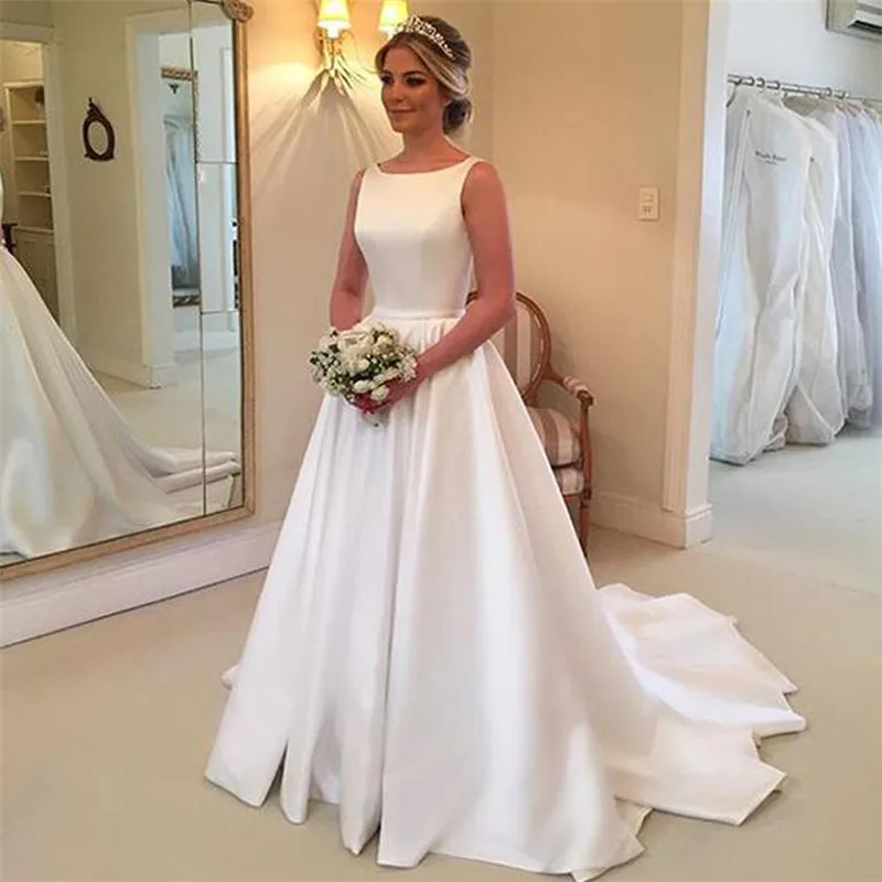 Robe de mariée en Satin sans manches, élégante, longueur au sol, avec poche, 2021