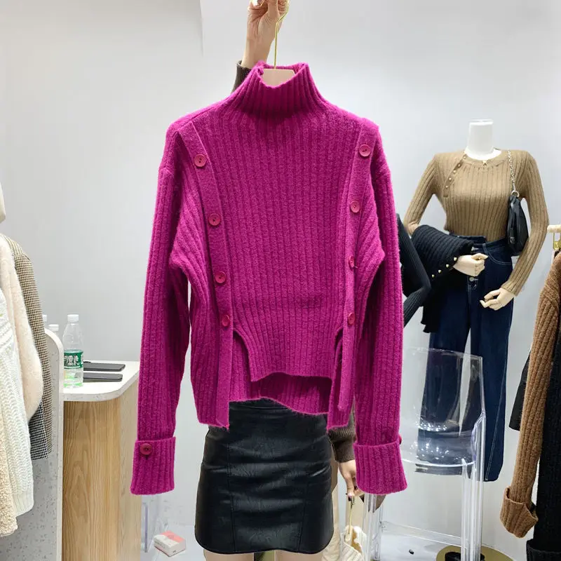 Knitted Warm Sweater Women Thick Autumn Winter New Korean Loose Turtleneck Double Breasted Long Sleeves Pullover Jumper Female