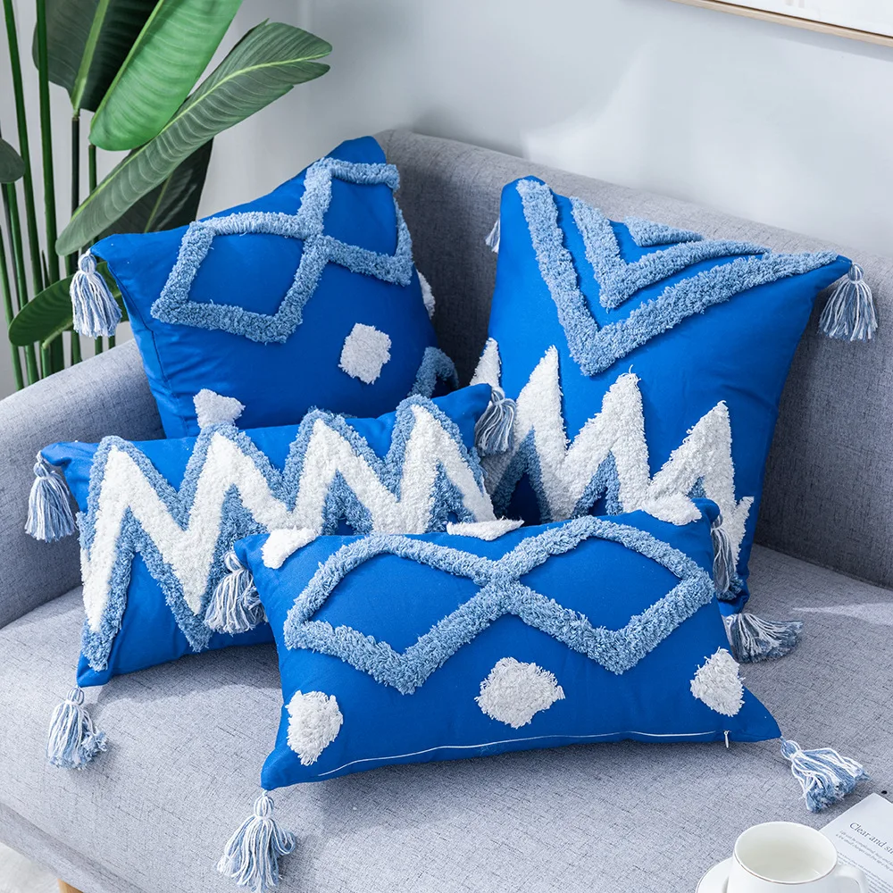 Nordic Embroidery Geometric Cushion Covers Tassels Sofa Blue White Pillowcase Modern Simplicity Pillow Covers Home Decoration