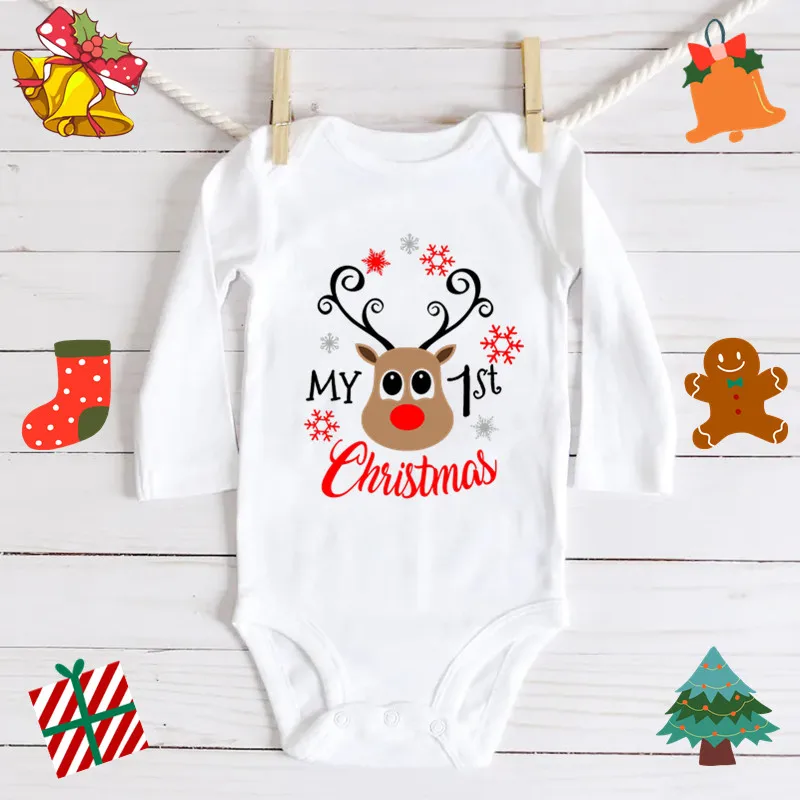 My First Christmas Long Sleeve Bodysuit For Baby Boys Girls Clothes Cute Reindeer Print Christmas Clothes For Baby Girl