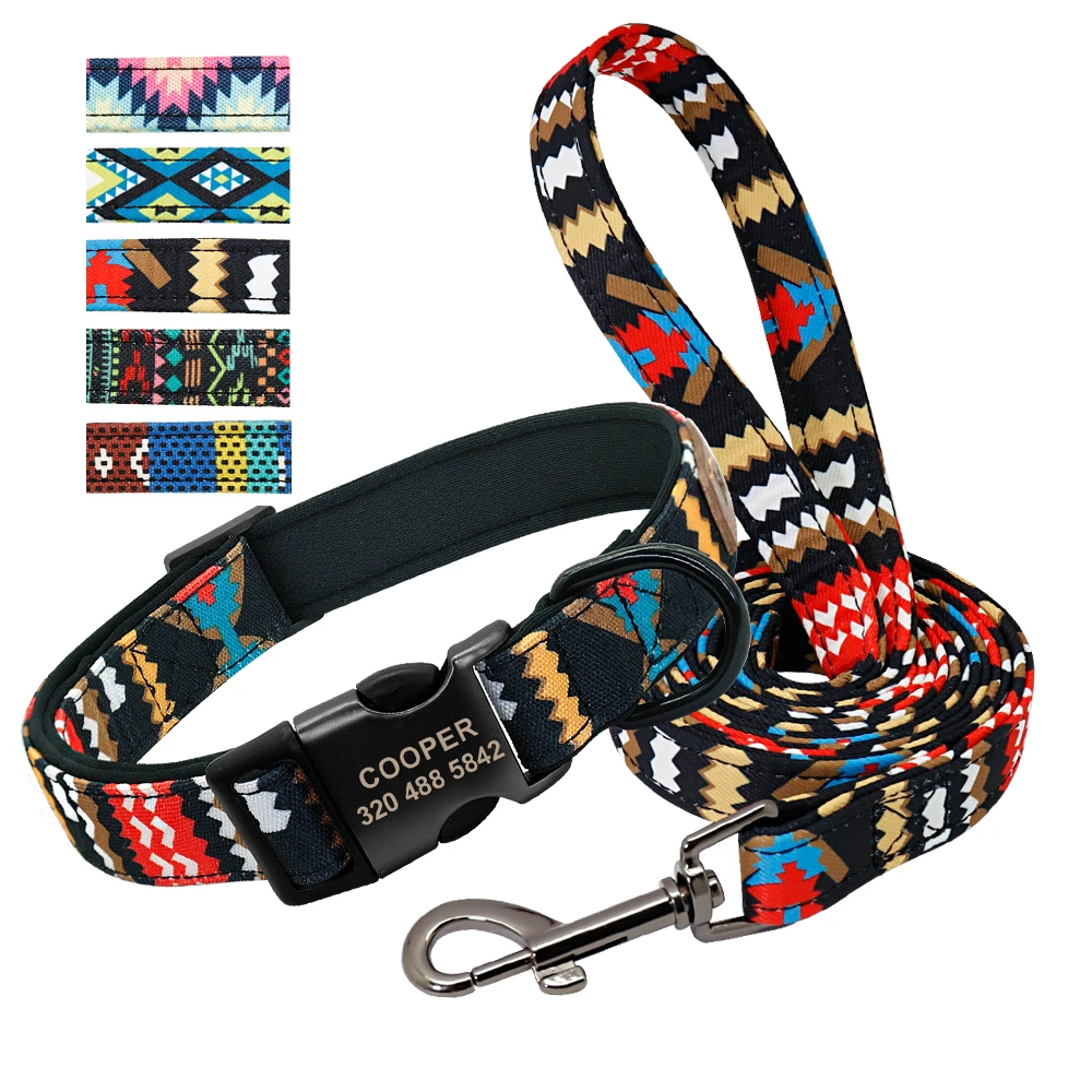 

Personalized Dog Collar WIth Leash Nylon Custom Pet ID Collars Colorful Printed Dogs Walking Leash for Small Medium Large Dogs