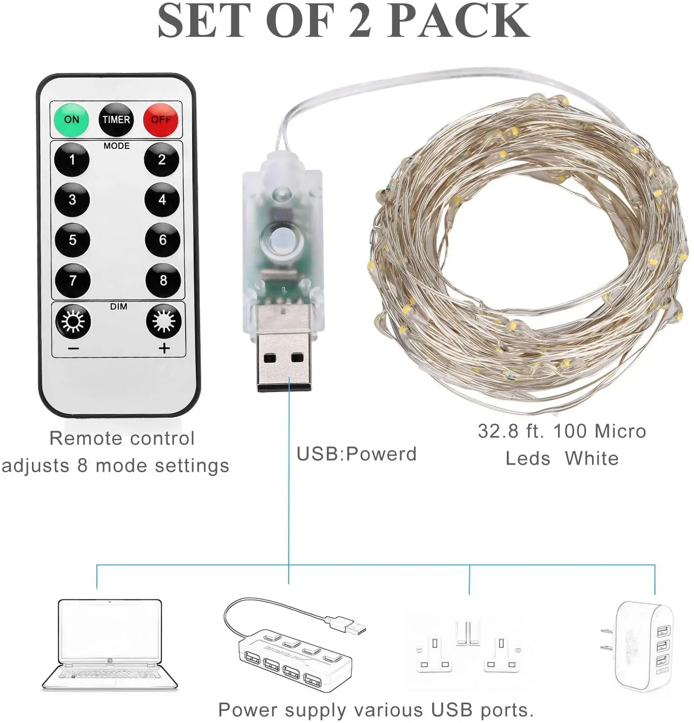 Cadena de luces de hadas LED USB, iluminación de vacaciones, cable plateado impermeable con control remoto para decoración de bodas y fiestas de Navidad, 5m, 10m, 20m