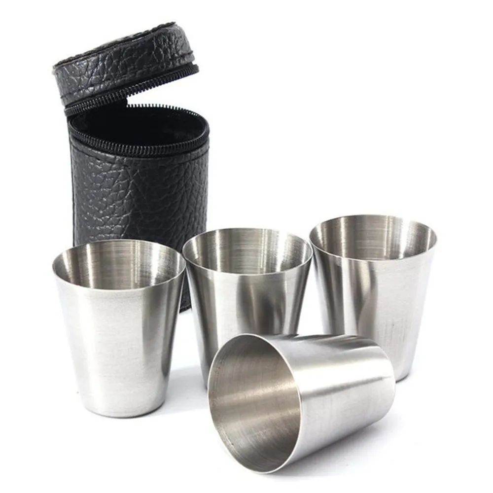 4Pcs/Set Stainless Steel Wine Drinking Shot Glasses Cup With Leather Cover Case Bag Barware For Home Kitchen Bar Whisky Wine