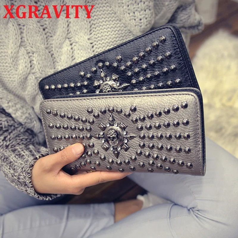 

XGRAVITY Hot 2024 Punk Women Wallet Female Coin Purse Long Wallet Skull Rivets Lady Hot Zipper Purse Card Holder Purse H066