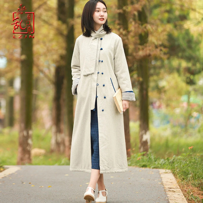 LZJN-Lined Outerwear for Women, Warm Woolen Blend, Elegant Coat with Scarf, Winter Clothing, Fashion, New