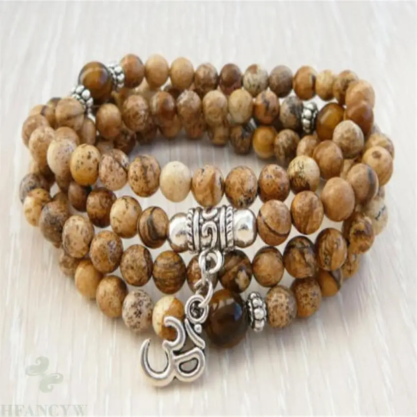 6mm Picture stone Mala Bracelet 108 Beads Gemstone pendant yoga cuff Unisex Buddhism Gemstone Buddhist Healing Zazen Bless Men