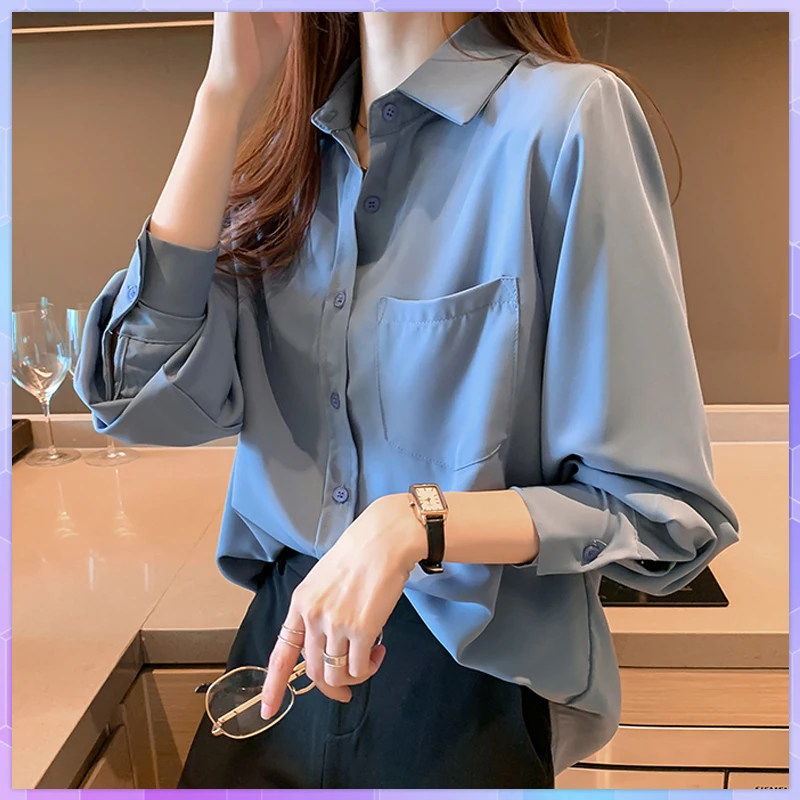 Chiffon Womens Tops Solid T-shirt White Shirts Office T-Shirts Long Sleeve Women Tee Shirts Pocket Tshirt Blusas Mujer De Moda