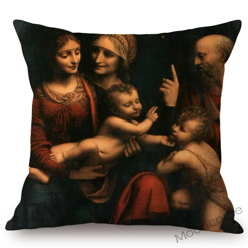 Renaissance Raffaello Saint Virgin Mary Madonna Oil Painting Art Sofa Throw Pillow Case Da Vinci Goose Linen Chair Cushion Cover