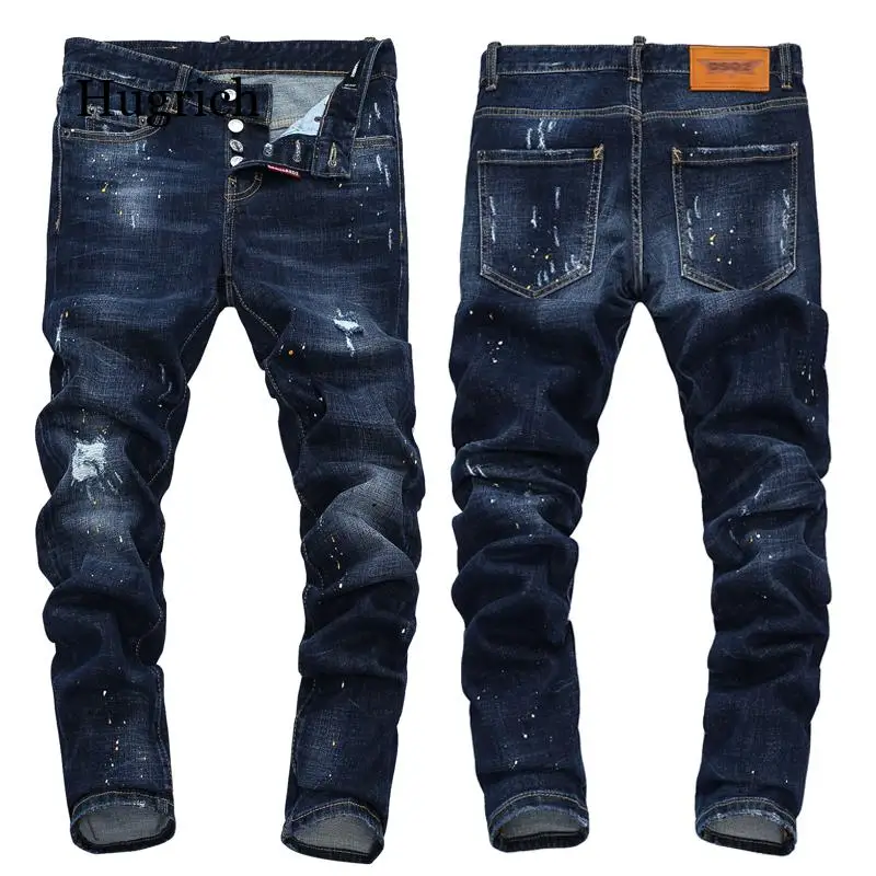 

New European Style Mens Jeans Men Straight Denim Trousers Jeans Slim Paint Printing Blue Hole Zipper Jeans for Men