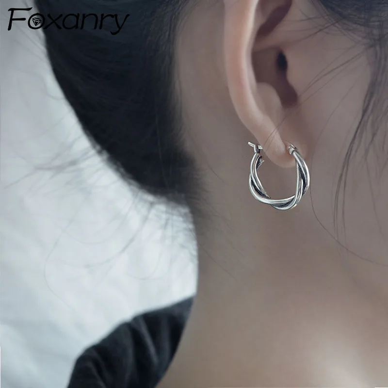 FOXANRY Prevent Allergy Silver Color Hoop Earrings for Women  Fashion Punk Vintage Simple Twist Design Party Jewelry Gifts