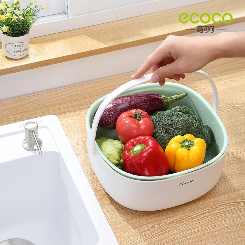 ECOCO Portable Double Drain Basket Bowl Washing Kitchen Strainer Noodle Vegetable Fruit Basket Washing Cleaning Colander Tool