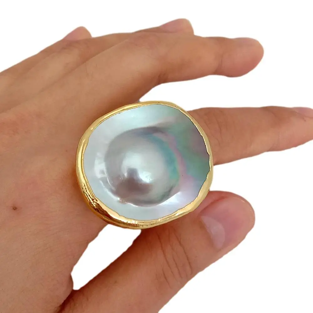 Y·YING Natural Oval White Gray Mabe Pearl Gold color Plated Adjustable Ring