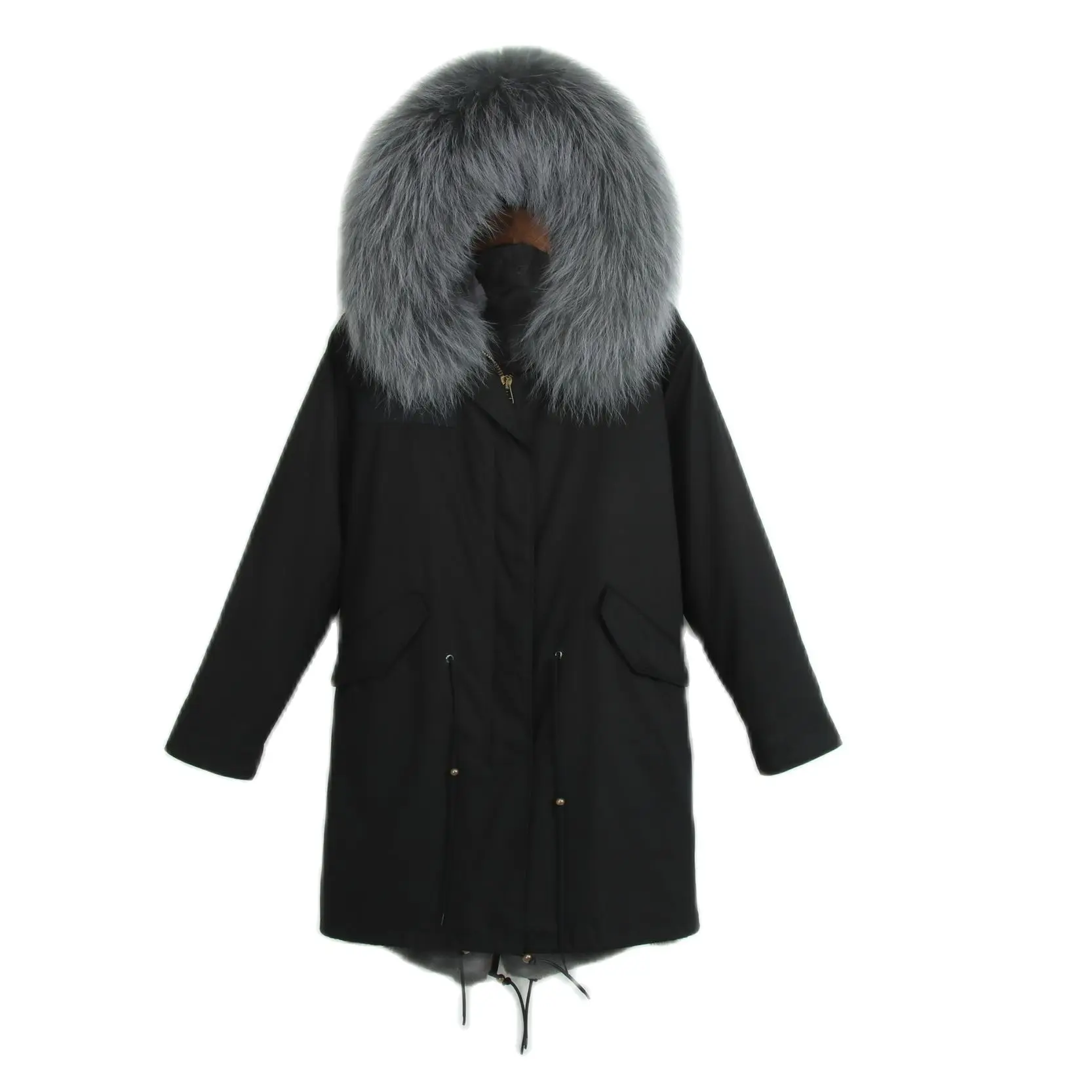 

Fashion Black Outshell Parka Grey Faux Fur Lined Jacket Long Outwear For Women And Men With Big Hood