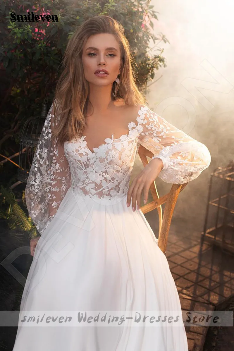 Smileven-vestidos De novia bohemios De encaje, manga larga abombada, elegantes vestidos De novia De encaje, vestidos De novia De gasa con apliques