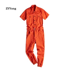 ZYYong-mono naranja de manga corta para hombre, pantalones informales de Hip Hop con múltiples bolsillos, Color sólido, moda de verano