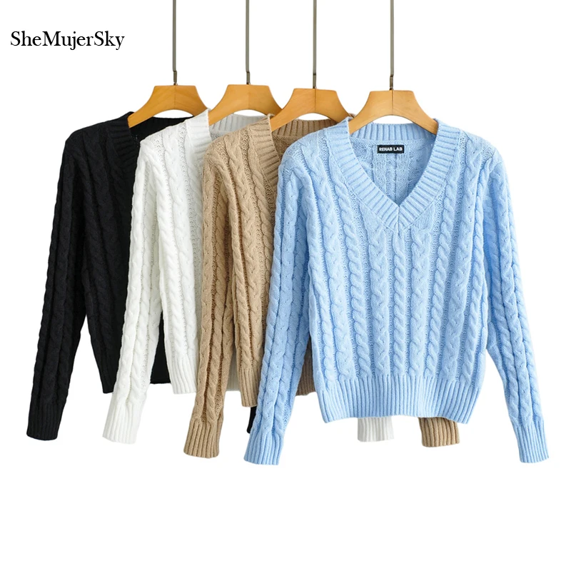 

SheMujerSky Women Criss-cross Knitted Sweaters 2021 Long Sleeve Elastic Solid Color Pullovers Autumn Winter Sweater