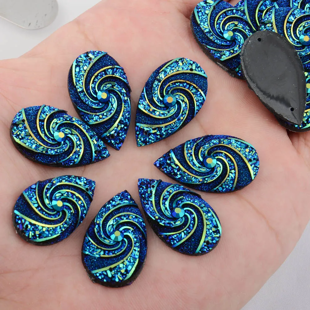 

BOLIAO Hot 10Pcs 16*28mm (0.63*1.1 in) AB Color Drop Dark Blue Whirlwind Flatback Resin Sew On Wedding/Home Decoration 2 Hole