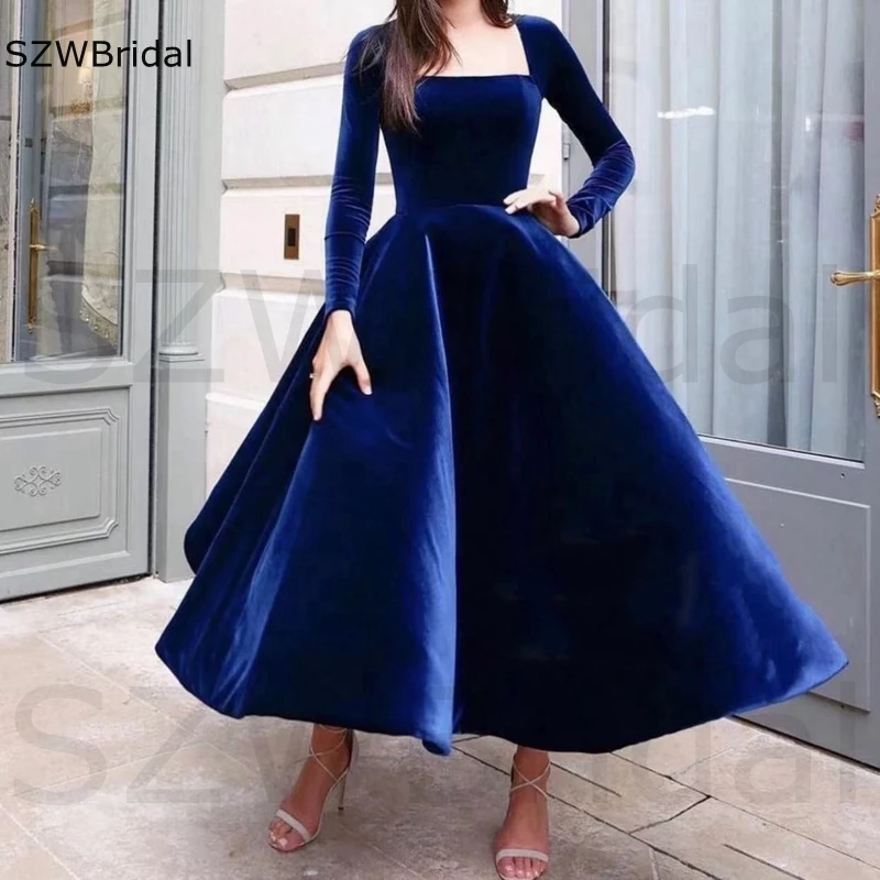 

New Arrival Velvet Royal Blue Long sleeve Evening dresses 2024 Ball gown dress Evening gowns Robe de soirée femme