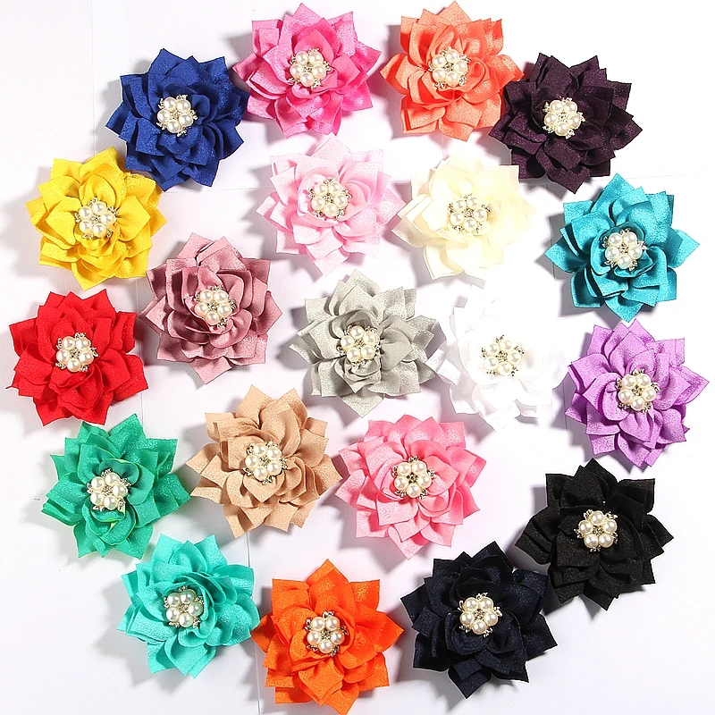 

60PCS 7.5CM 2.95" Hot Lotus Fabric Flowers With Pear Rhinestone Center Hair Accessories Hair Flower For Clips Wedding Bouquet