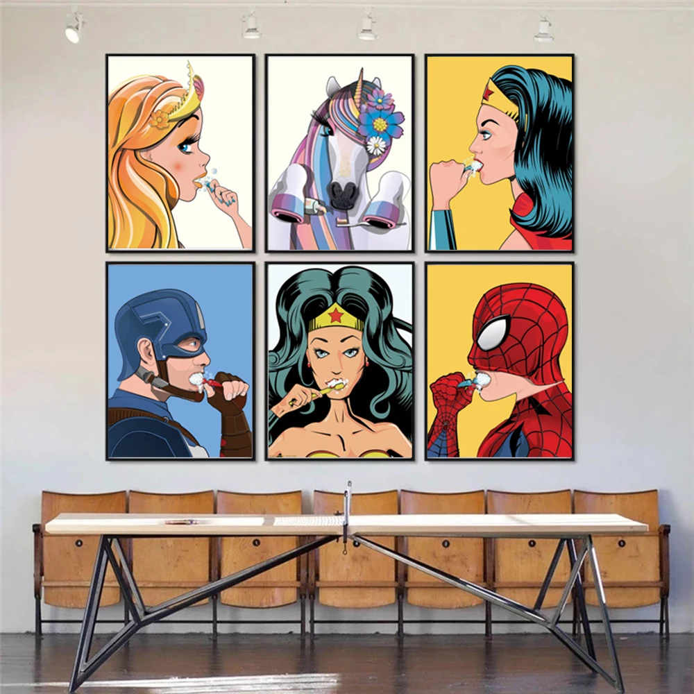 Marvel Superhero Cleaning Teeth Canvas Painting Funny Toilet Humour Spiderman Posters and Prints Wall Pictures for Decoration