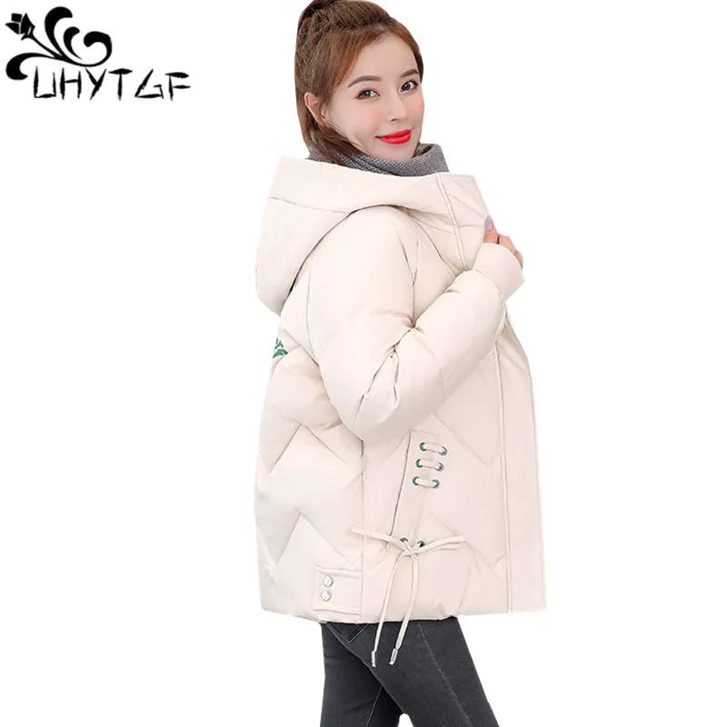 UHYTGF-abrigo coreano de talla grande para mujer, Chaqueta de algodón cálida informal a prueba de viento, abrigo corto con capucha coreano, prendas